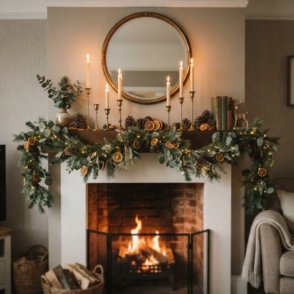 Woodland mantel display styled with brass candlesticks and pinecones.