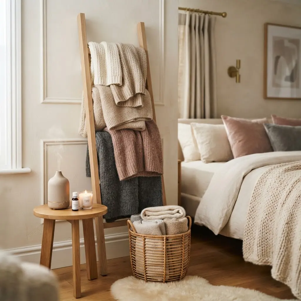 Chunky knit throws draped over a ladder — one of our favorite winter decor ideas.