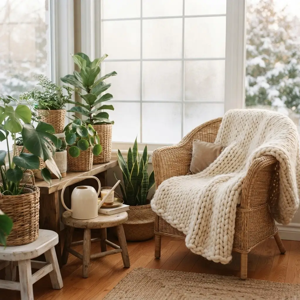 Frosted sunroom plant corner styled with wicker covers and a knit throw.