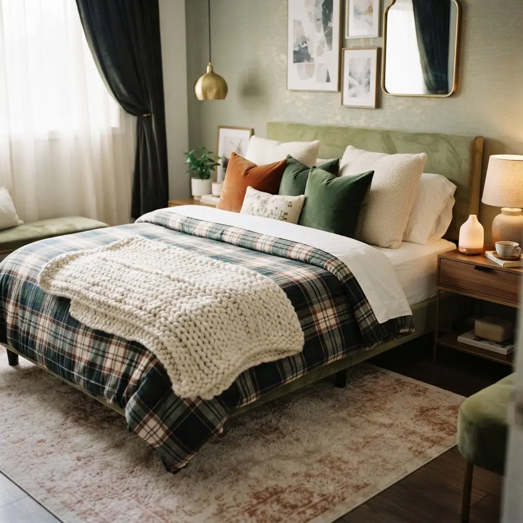 Flannel plaid bedding layered with knit throws for a cozy winter bedroom.