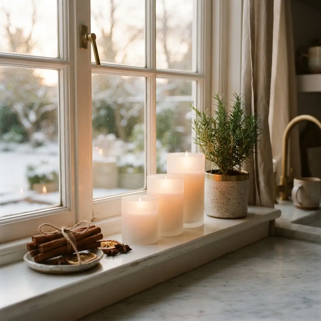 Candlelit kitchen windowsill styled with cinnamon sticks and rosemary.