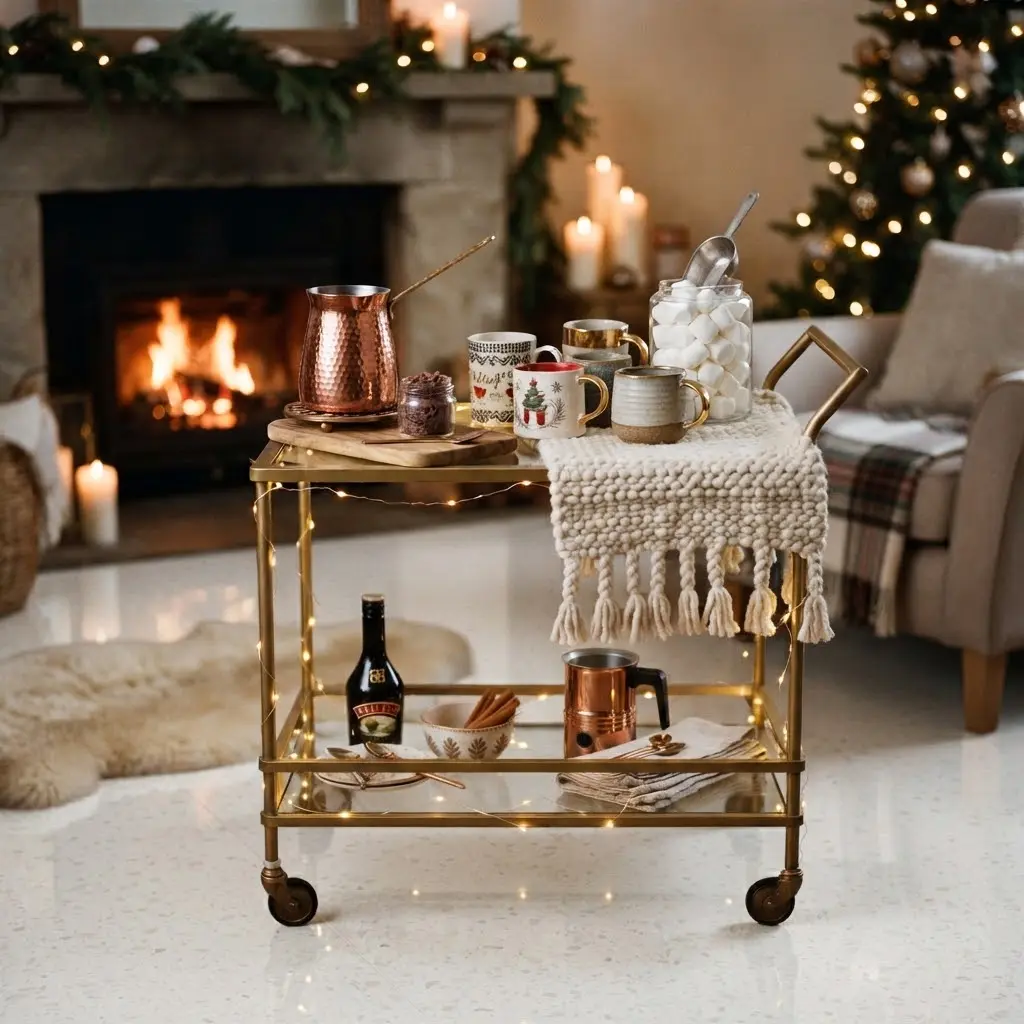 Cocoa bar cart styled with copper pot and mismatched wintery mugs.