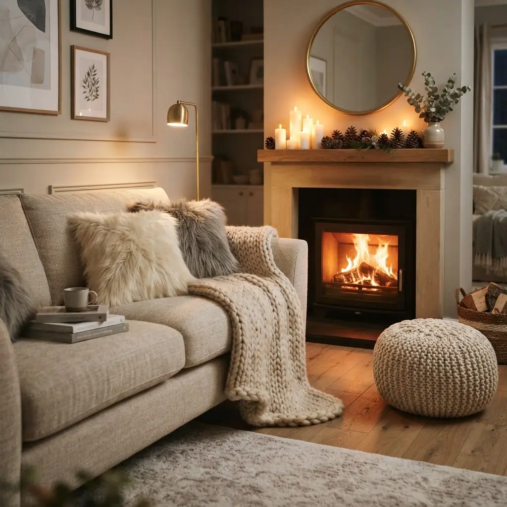 Faux fur pillows and firelight styled in a cozy winter living room.