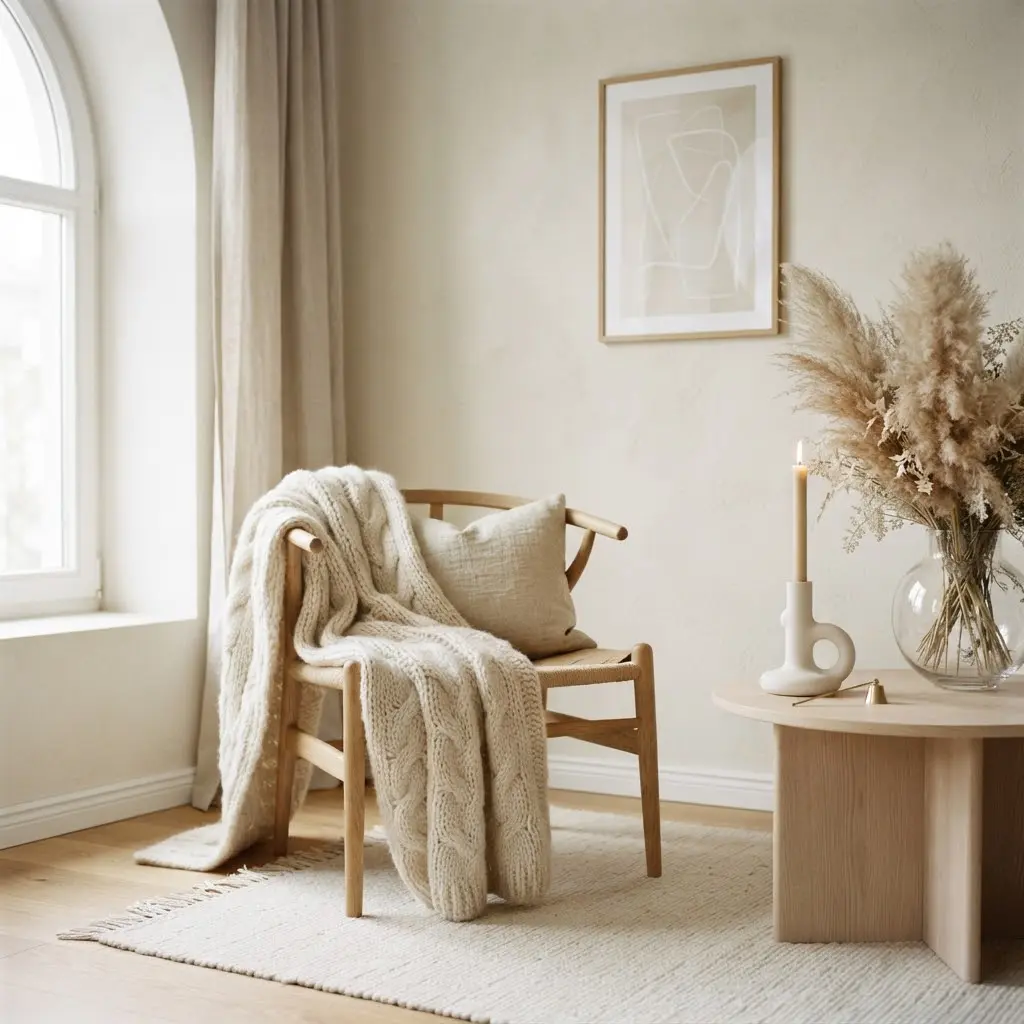 Nordic minimalist corner styled with pale wood and matte candle holders.