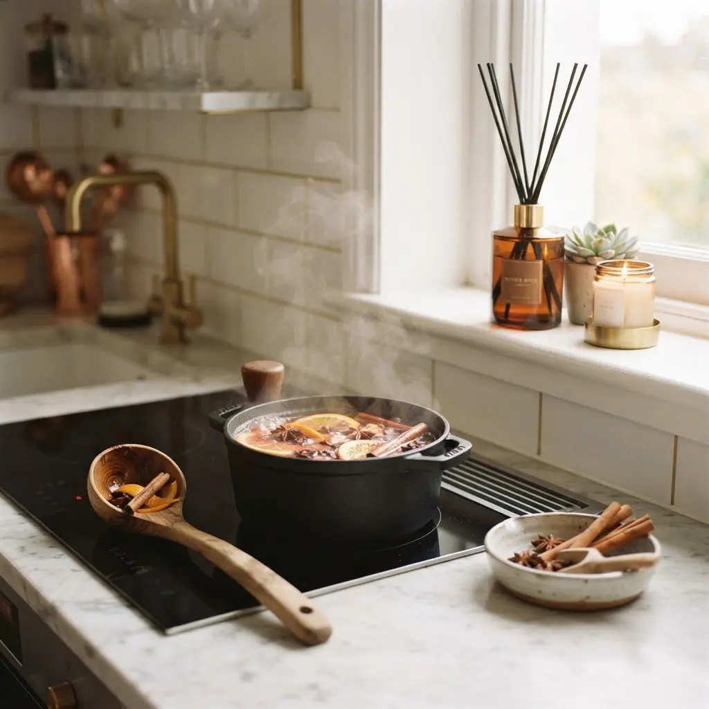 Warm spiced simmer pot glowing on the stove with orange and cinnamon.