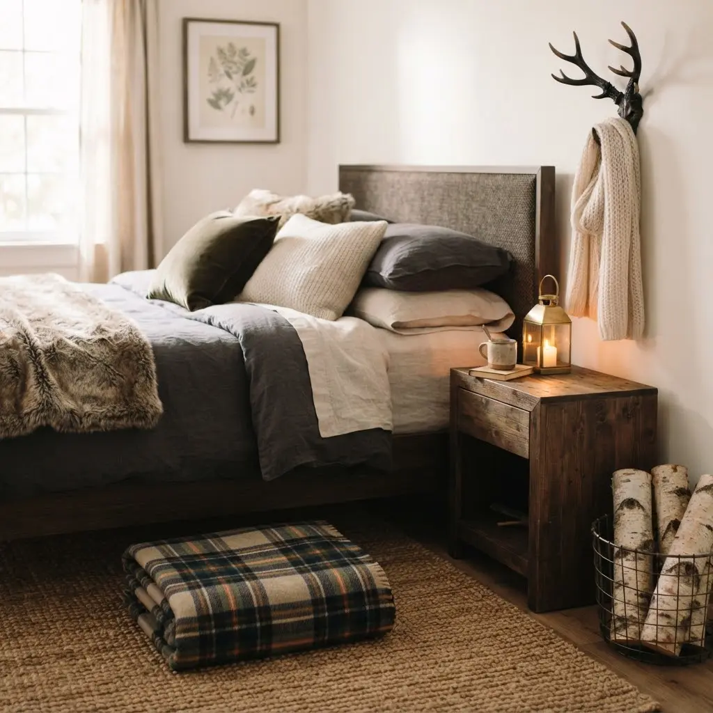Cabin-inspired bedroom styled with plaid wool and stacked birch logs.