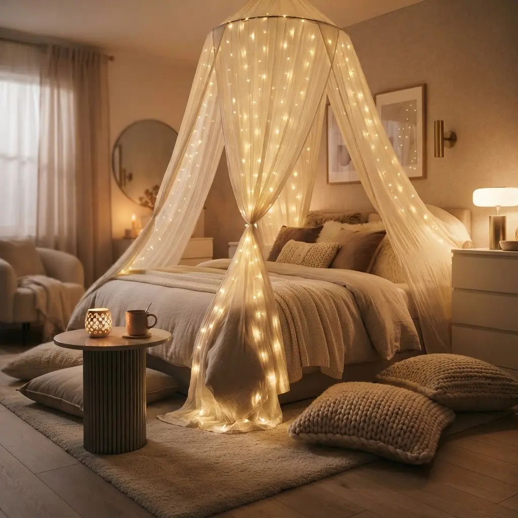 String light canopy glowing above a cozy winter reading nook.
