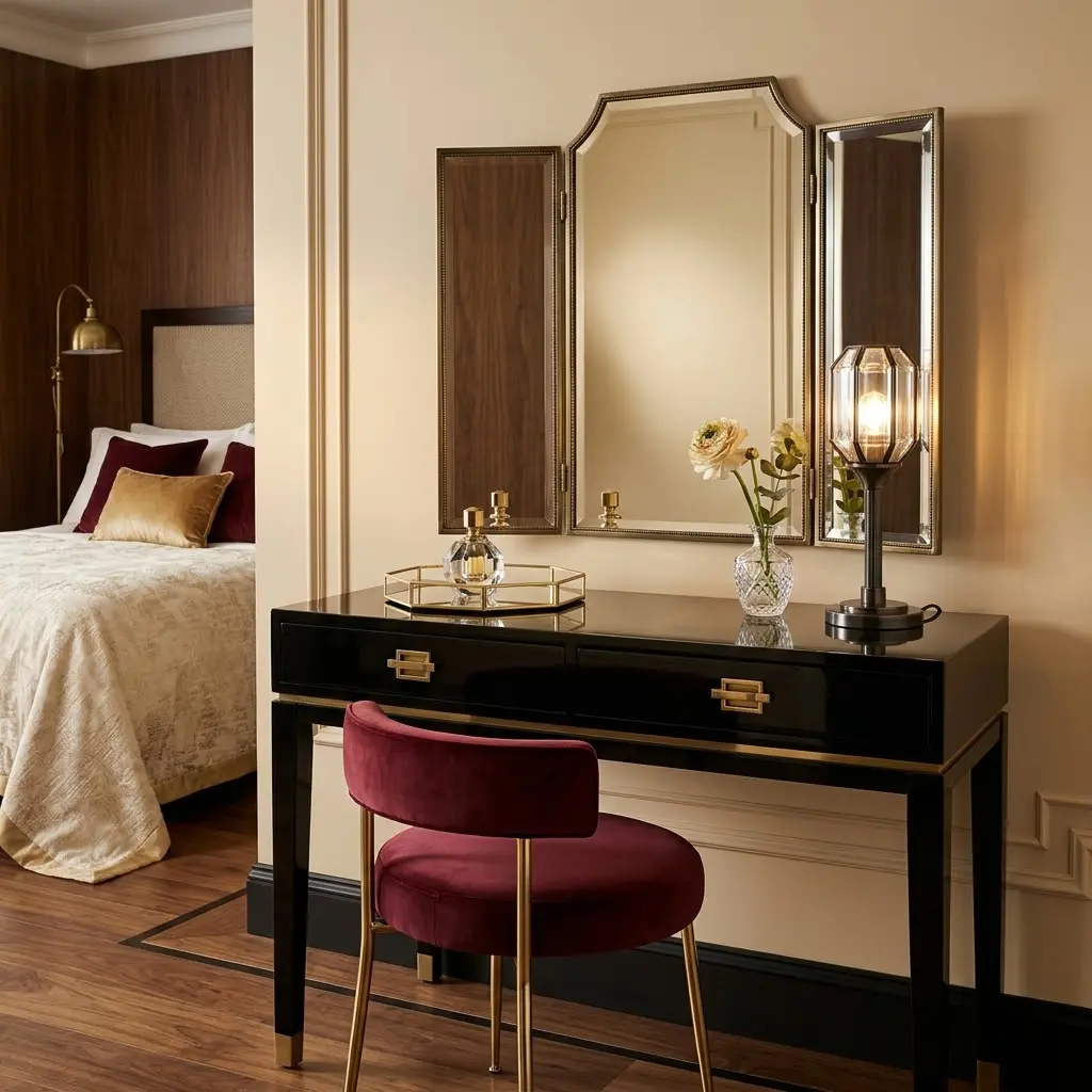 Black lacquer dressing table with a brass-framed triptych mirror, burgundy velvet stool and elegant perfume accessories.