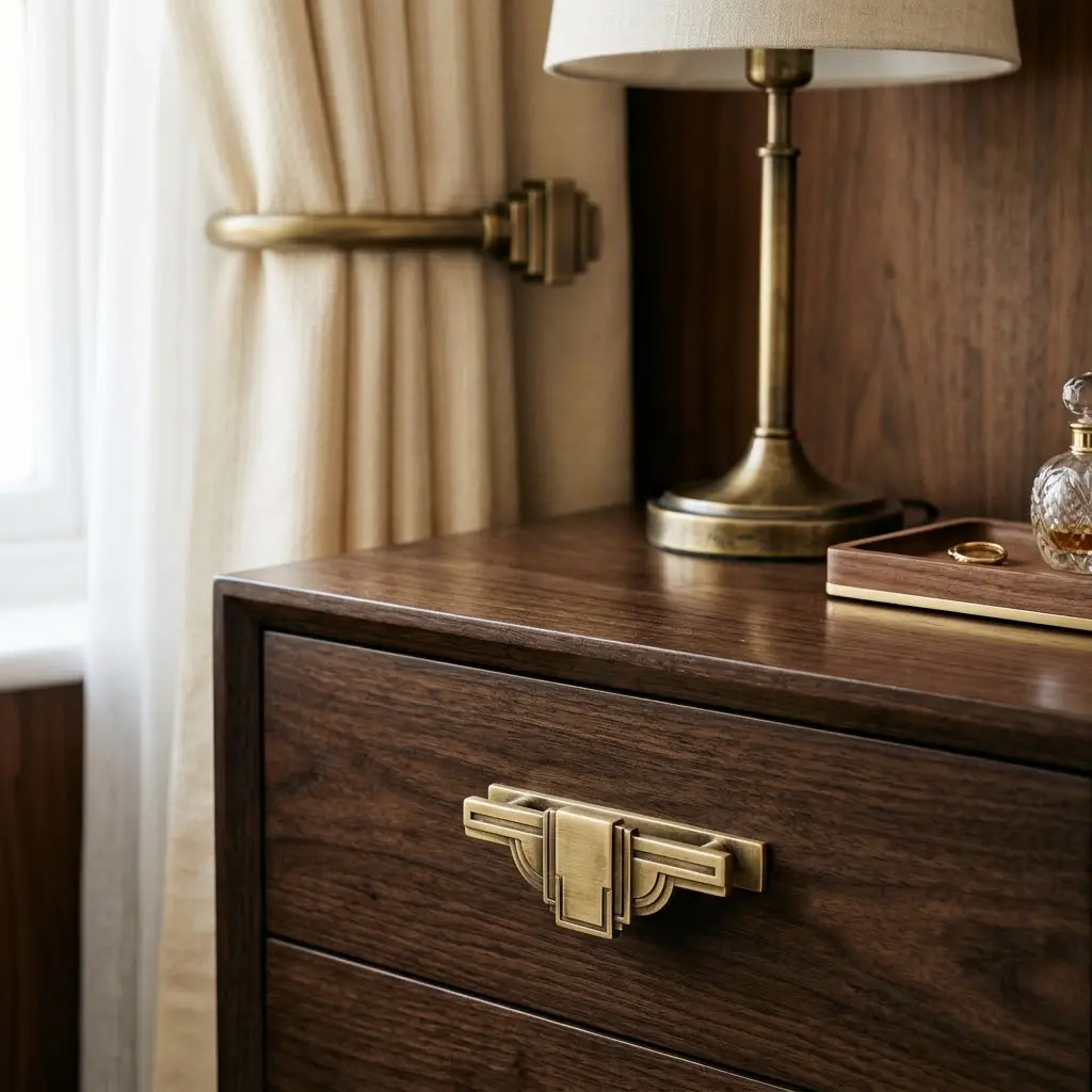 Close-up of antique brass geometric drawer pulls on dark walnut bedroom furniture with matching brass lighting and curtain fittings.