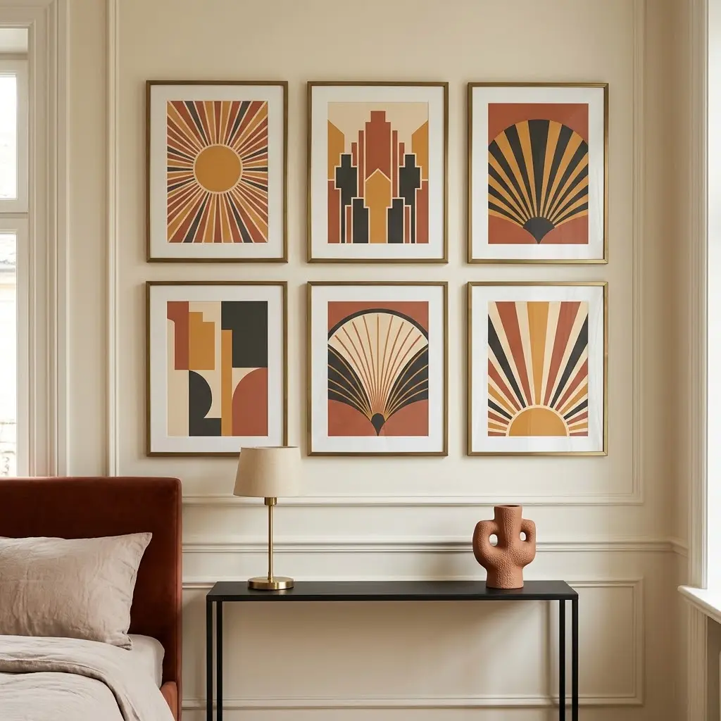 Art Deco gallery wall featuring geometric prints in terracotta, ochre, cream and charcoal in matching brass frames.