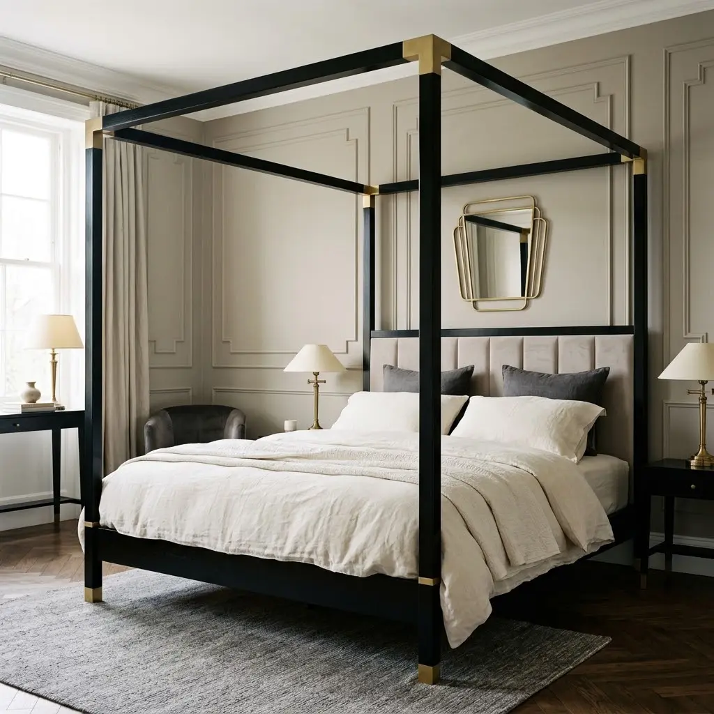 Modern Art Deco four-poster bed with a black lacquer frame, brass corner details, ivory bedding and pale taupe walls.