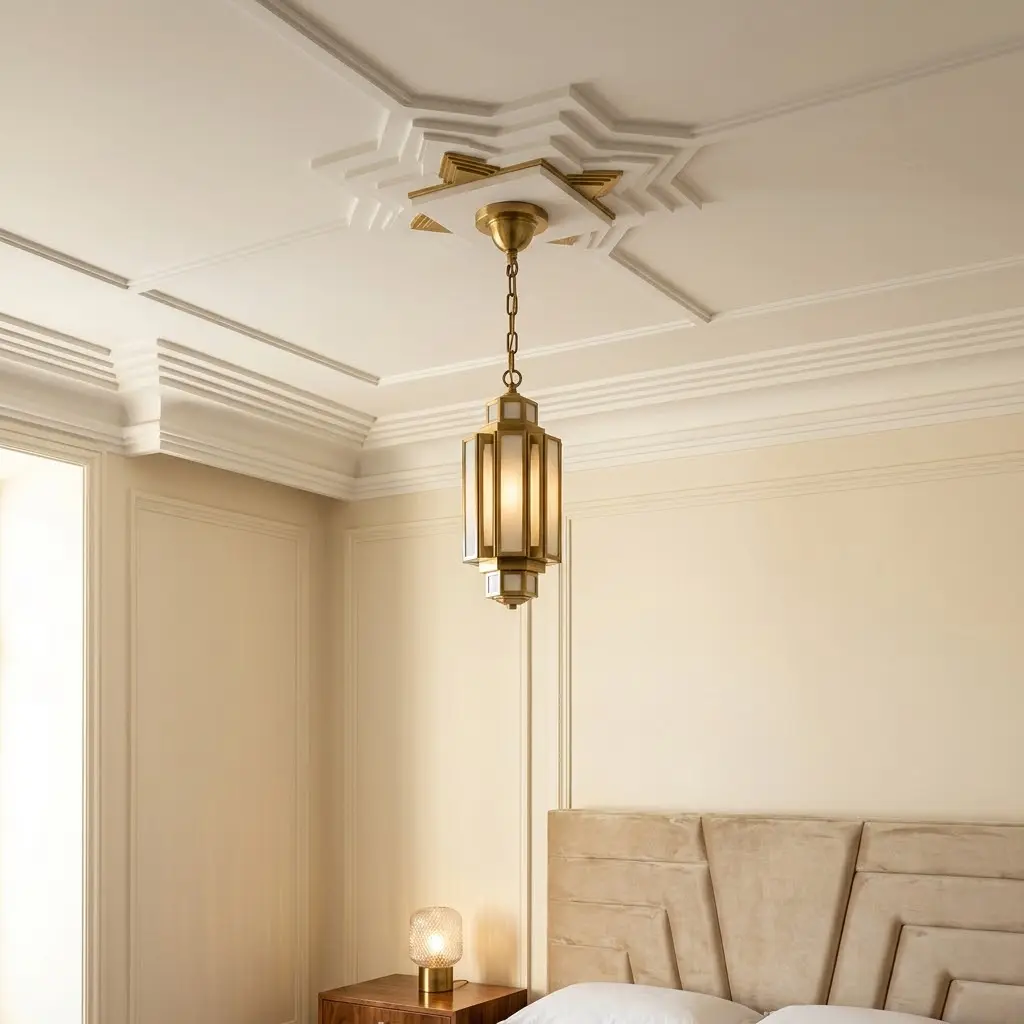Art Deco bedroom showcasing stepped ivory ceiling moulding, a geometric ceiling rose and an antique-brass pendant light as one of the art deco bedroom ideas.