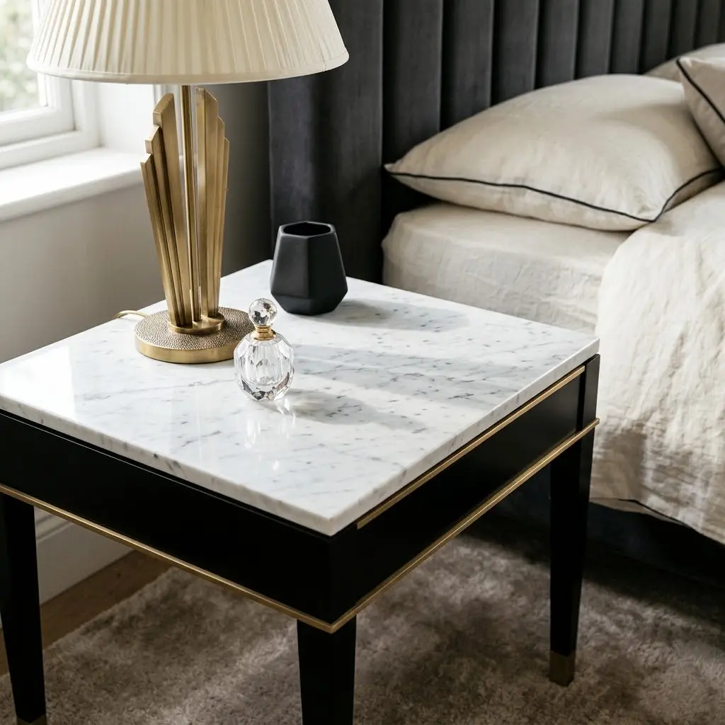 Art Deco bedside table with a white Carrara marble top, natural grey veining, a black lacquer base and brushed brass accents.