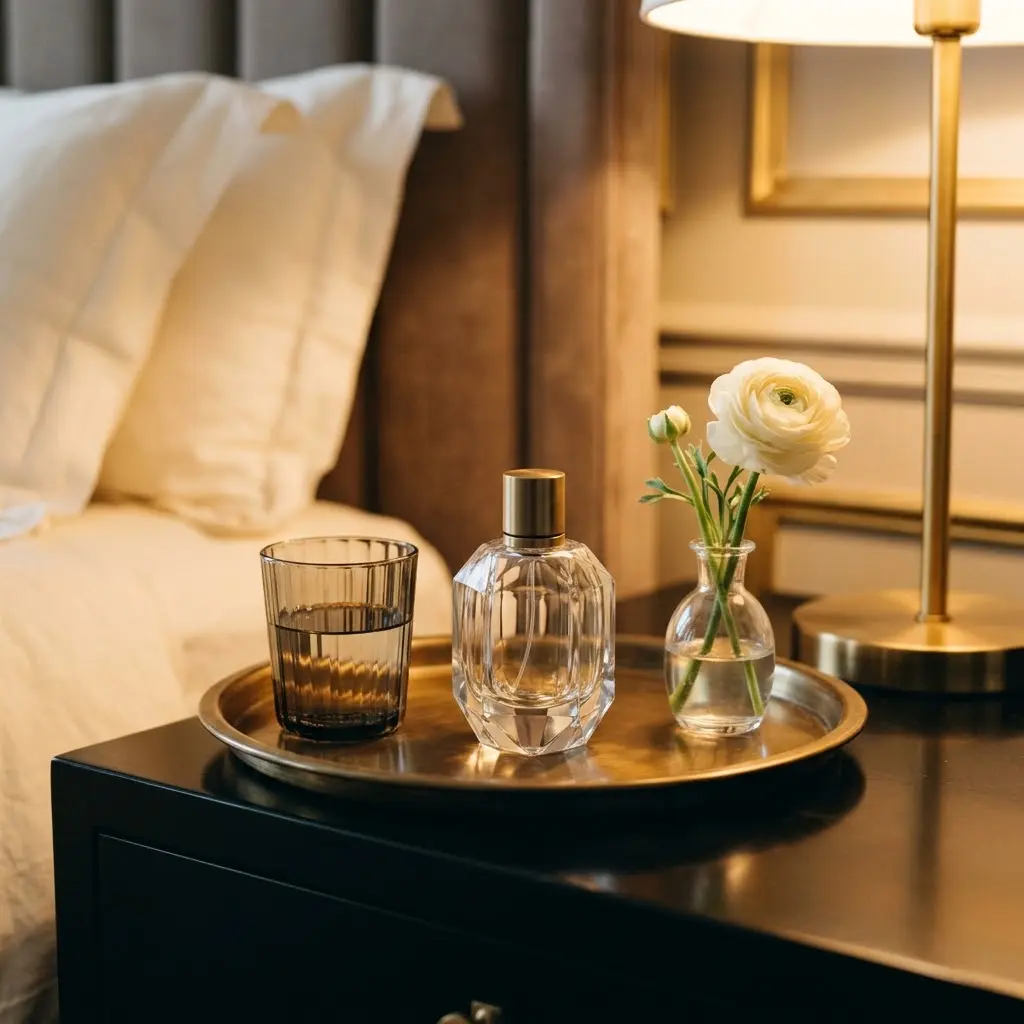 Art Deco bedside table styled with a brass tray, faceted perfume bottle, smoked-glass tumbler and a delicate bud vase.