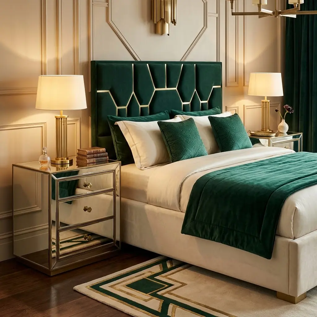 Elegant Art Deco bedroom with matching mirrored bedside tables, brass trim, emerald green upholstery and warm champagne accents.