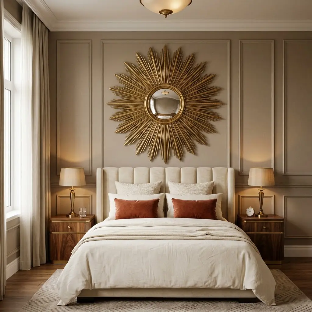 Art Deco bedroom featuring a large antique-gold sunburst mirror above an ivory upholstered bed with terracotta cushions.