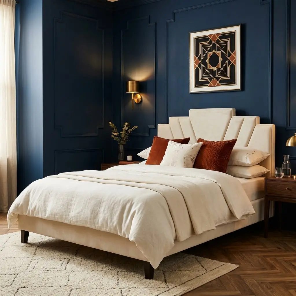 Modern Art Deco bedroom with midnight navy walls, cream bedding, rust velvet cushions and aged brass sconces.
