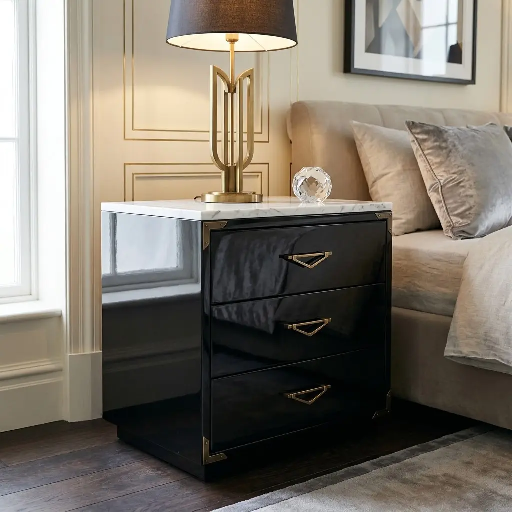 Glossy black lacquered Art Deco bedside cabinet with geometric brass handles, a white marble top and a sculptural brass lamp.