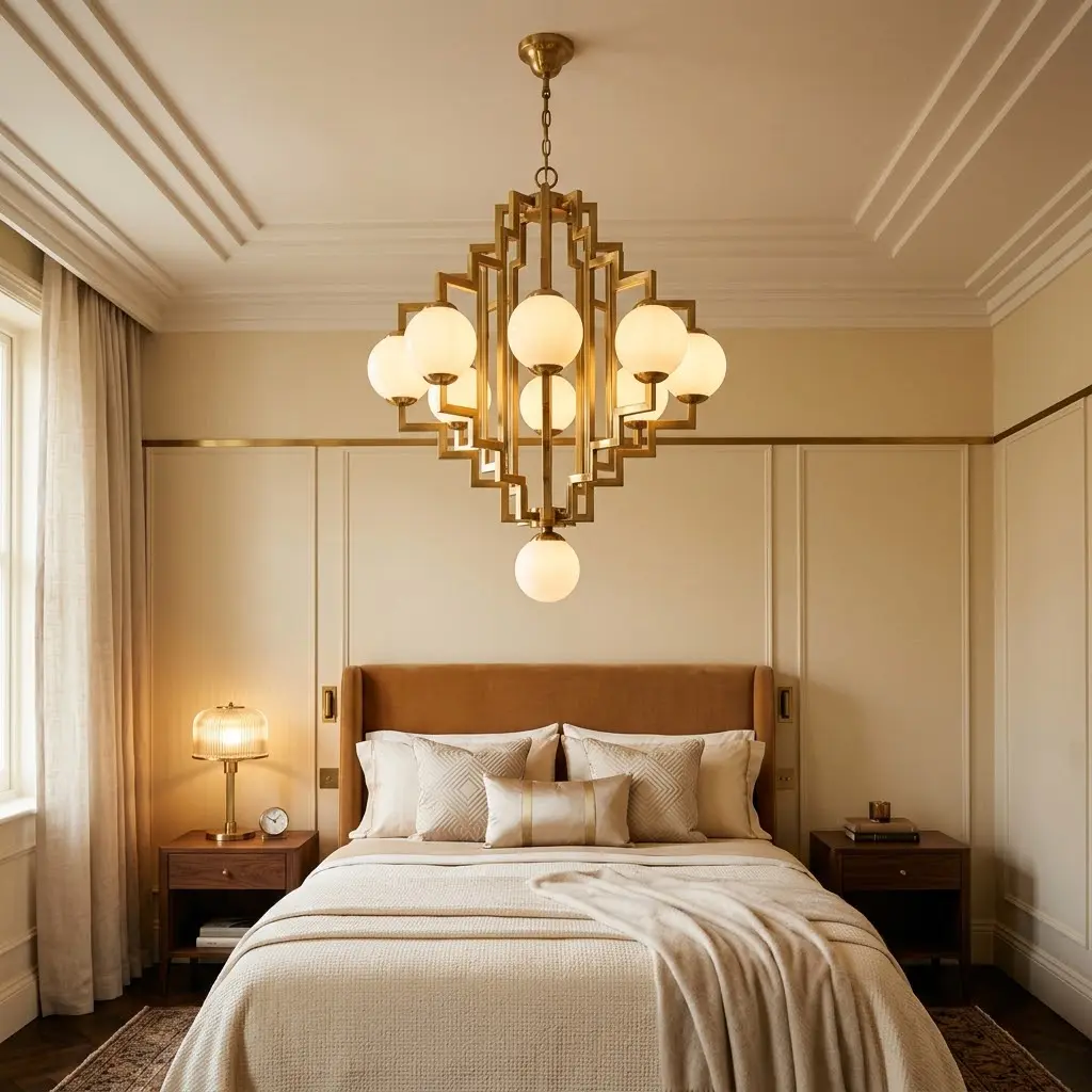 Art Deco bedroom with a geometric brass pendant light, opal-glass globes, champagne walls and caramel upholstery.