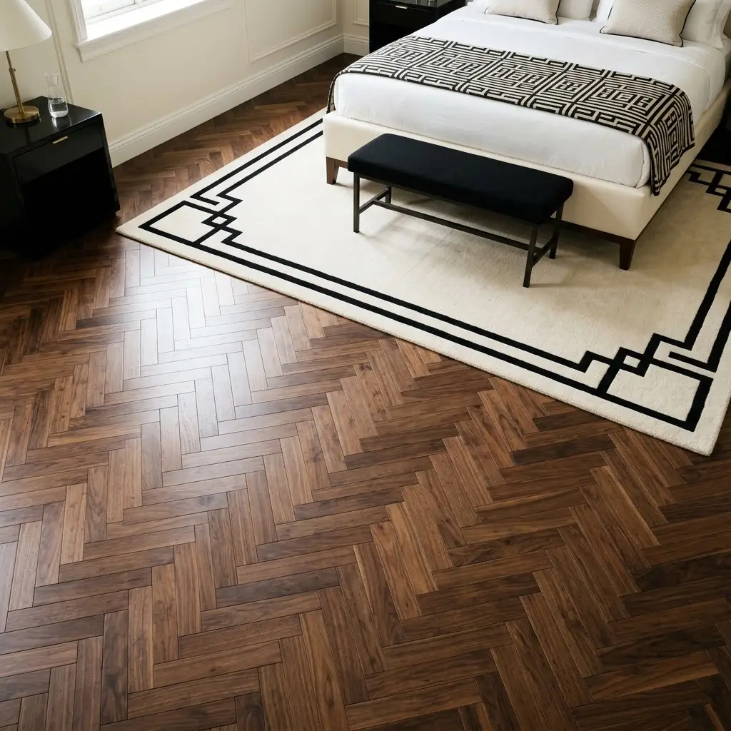 Art Deco bedroom showcasing dark walnut herringbone flooring.