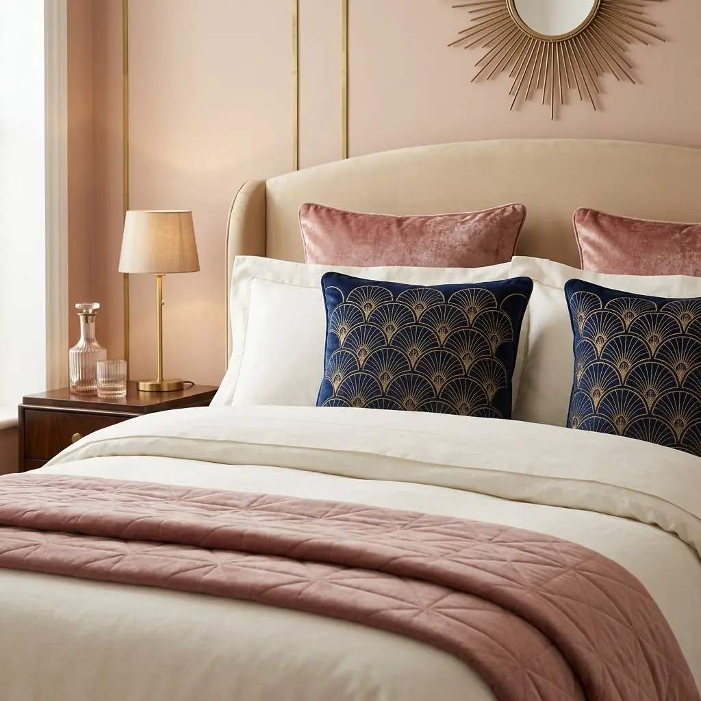 Art Deco bed styled with navy and gold fan-patterned cushions, dusty rose velvet accents and ivory bedding.