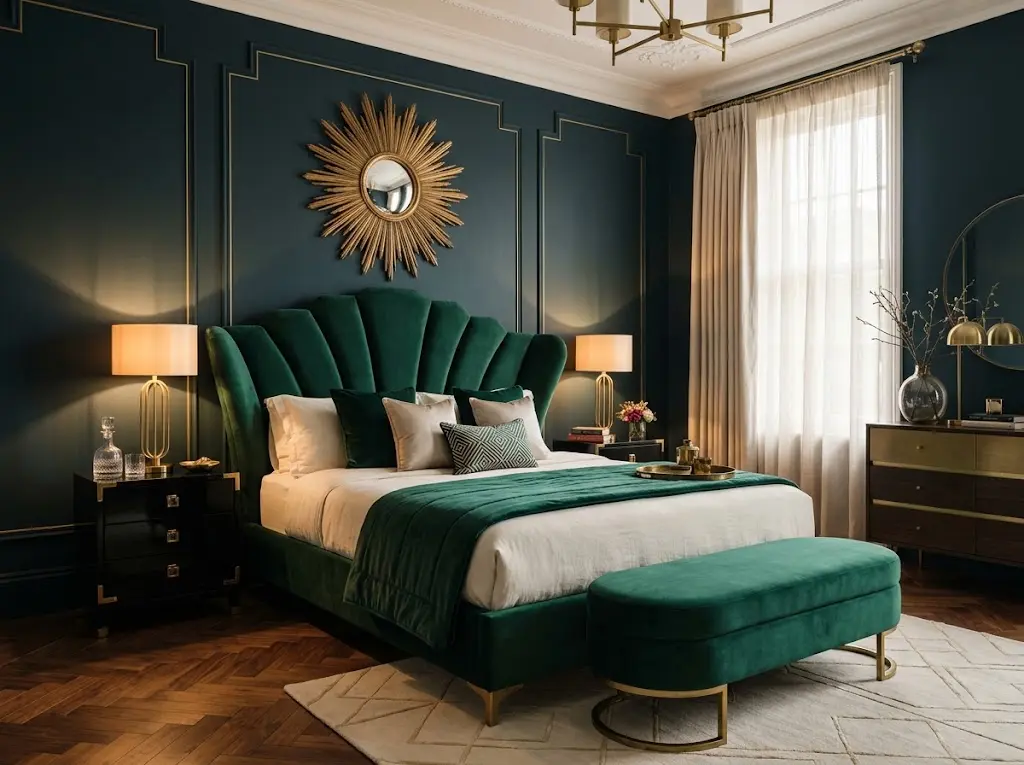 An art deco bedroom in emerald green and other jewel tones.