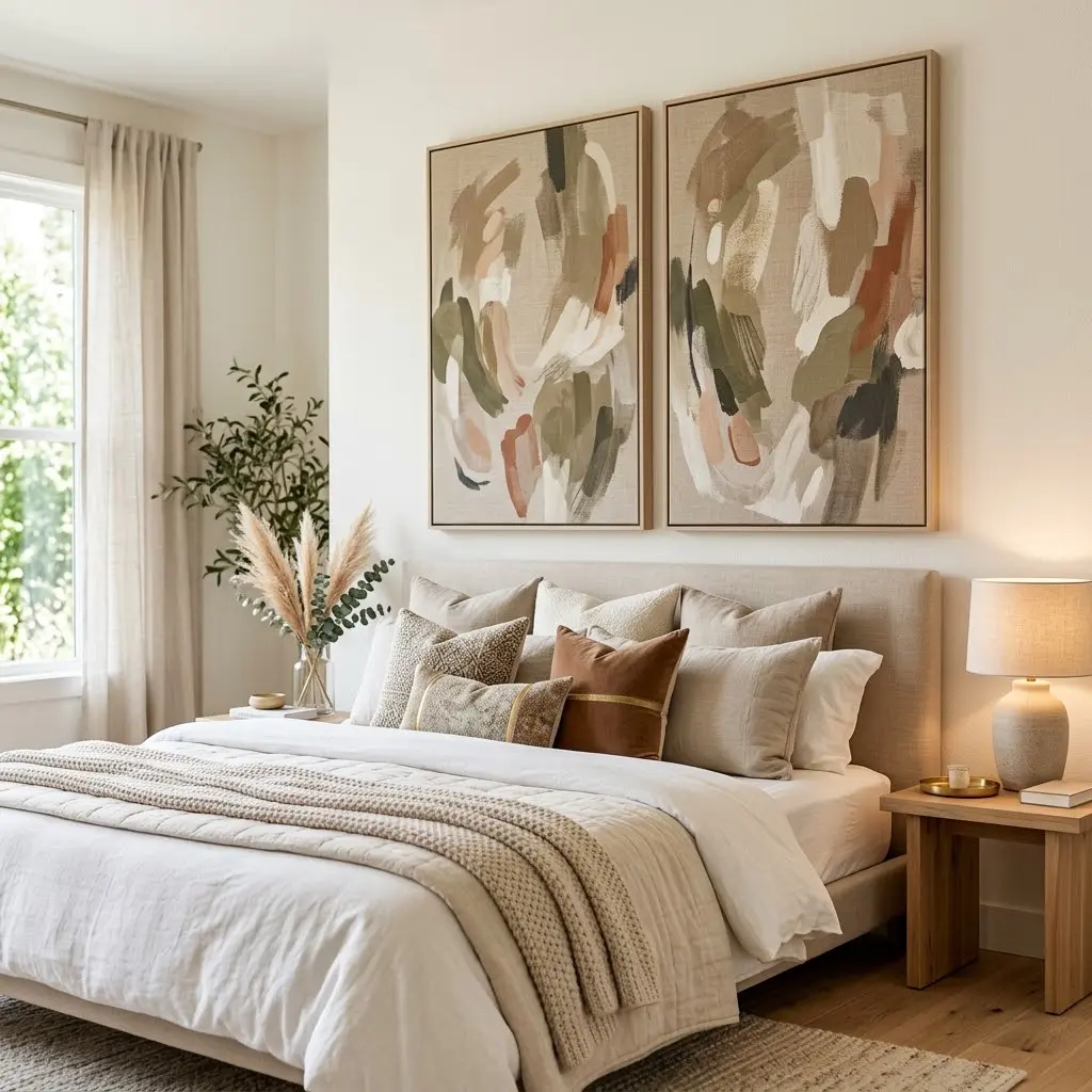 Two printed linen fabric art panels hung side by side above a bed.