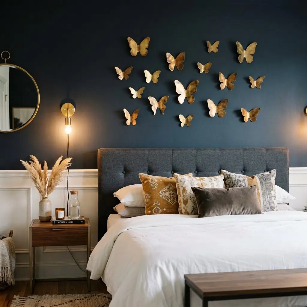 Abstract brass wall art pieces arranged in a loose grid above a bed.