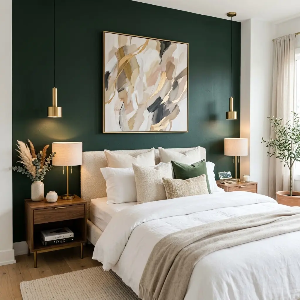 Deep forest green accent wall styled with large canvas art above bed.