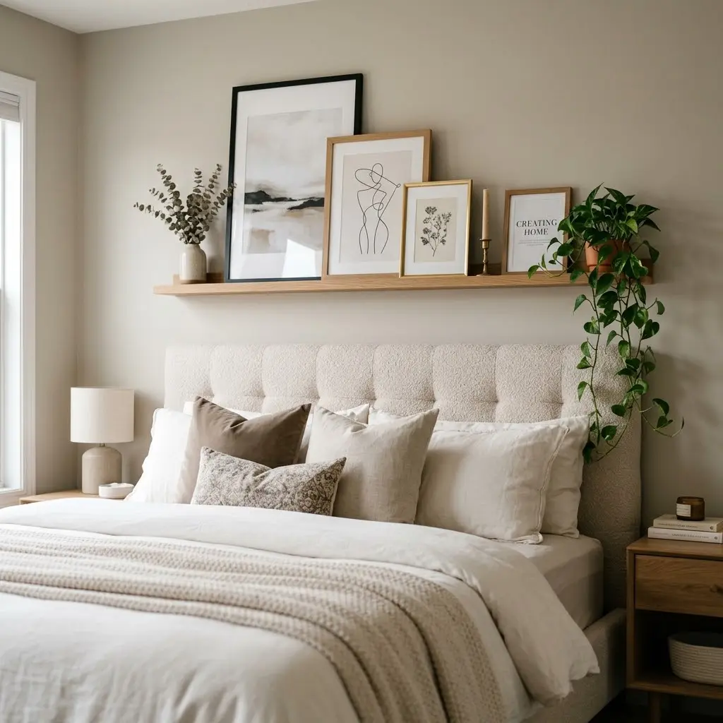 Long picture ledge shelf styled with leaning frames and ceramics as above bed wall decor.