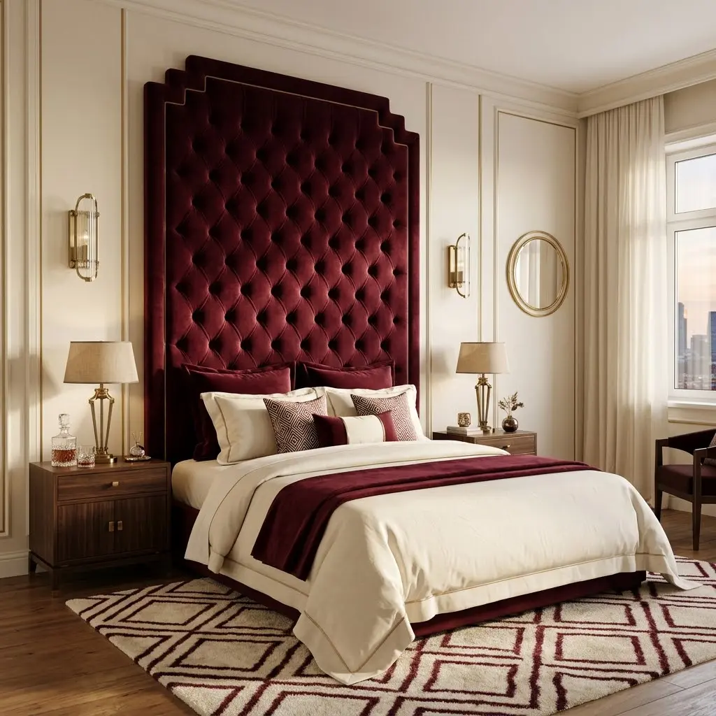 Art Deco bedroom featuring a tall burgundy velvet headboard, Ivory bedding, cream walls and antique brass lamps.