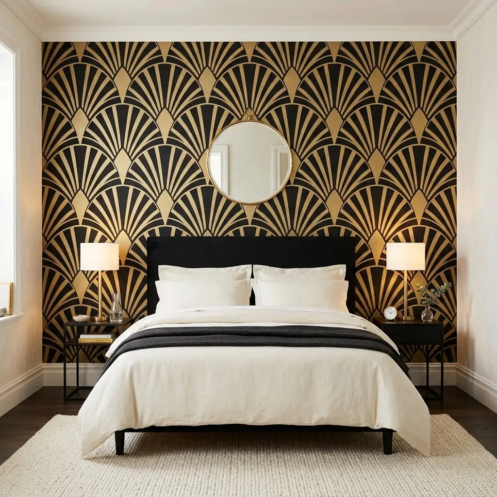Art Deco bedroom with black and gold geometric fan wallpaper behind a black upholstered bed.