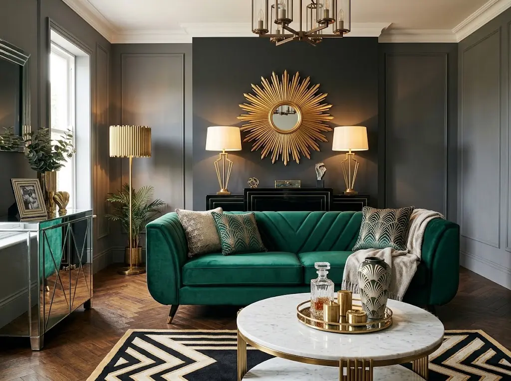 Art Deco interior design living room featuring geometric patterns, symmetrical furniture, emerald velvet sofa, gold sunburst mirror, and luxurious marble and brass accents.