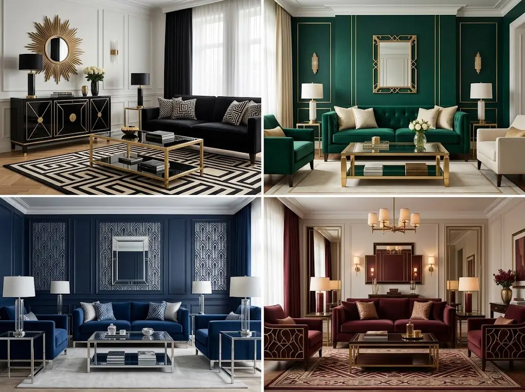 Art Deco interior design color palette comparison featuring black and gold, emerald green and gold, navy blue and silver, and burgundy and gold living rooms in a four-panel grid.