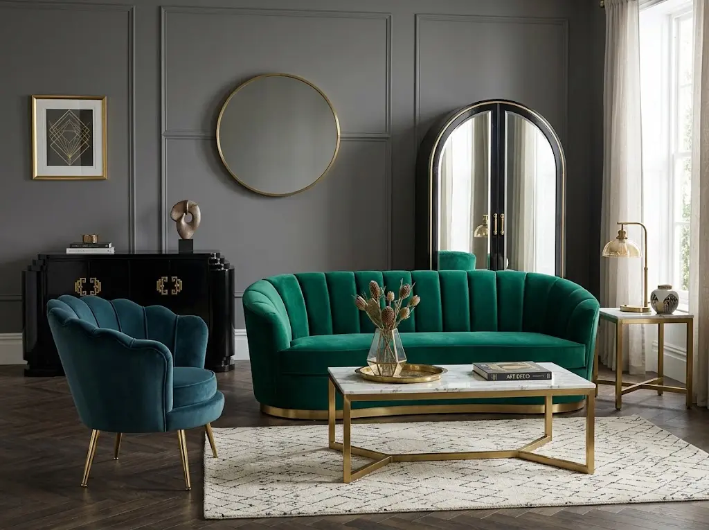 Art Deco interior design living room with curved velvet sofa, fan-back accent chair, black lacquered credenza, mirrored cabinet, and geometric marble coffee table with brass detailing.