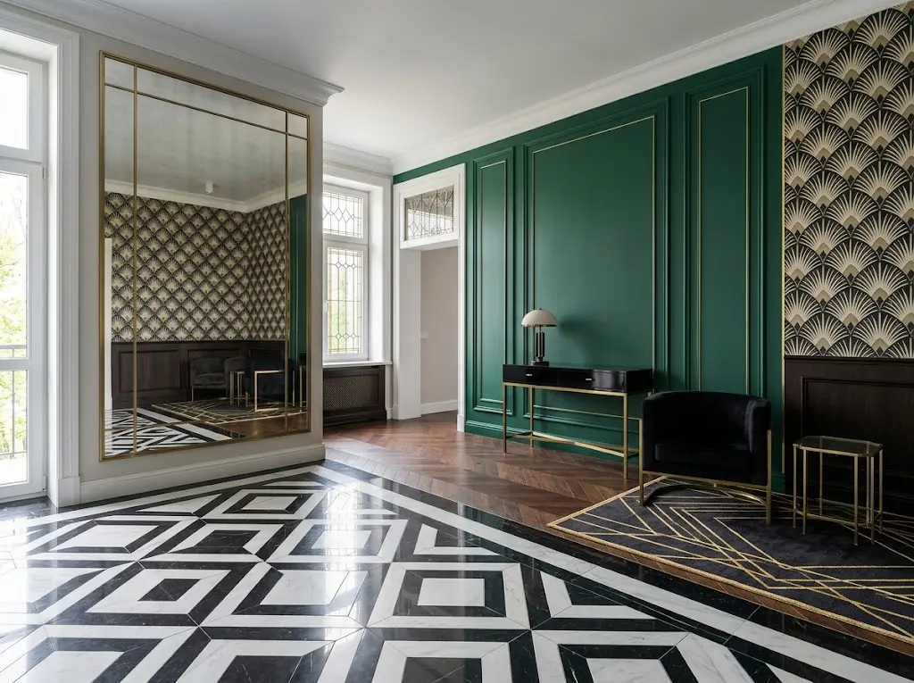 Art Deco interior design featuring emerald geometric wallpaper, decorative gold wall panelling, mirrored wall panels, black-and-white geometric tile flooring, and a dark hardwood floor with a geometric rug.
