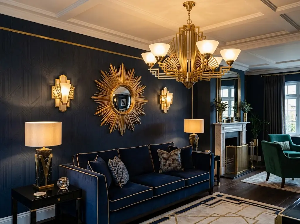 Art Deco interior design with geometric brass chandelier, frosted-glass pendant lights, symmetrical brass wall sconces, and a black marble table lamp creating warm ambient lighting.
