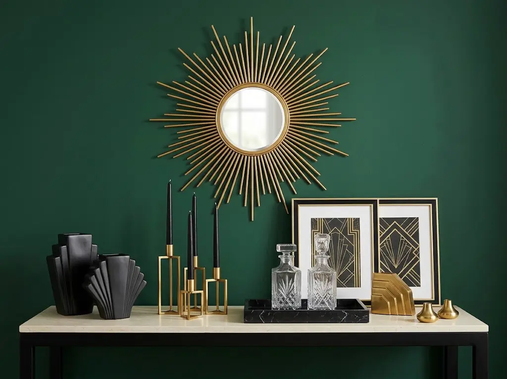 Art Deco interior design accessories collection featuring a gold sunburst mirror, black geometric ceramic vases, brass candle holders, marble decorative tray, crystal decanters, and framed geometric prints.