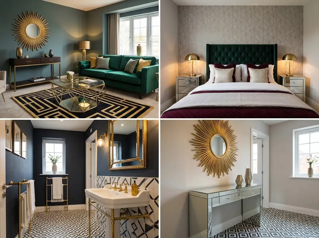 Art Deco interior design ideas in a four-panel grid featuring an emerald velvet living room, luxurious velvet-headboard bedroom, black-and-white geometric tile bathroom, and elegant entryway with a gold sunburst mirror.