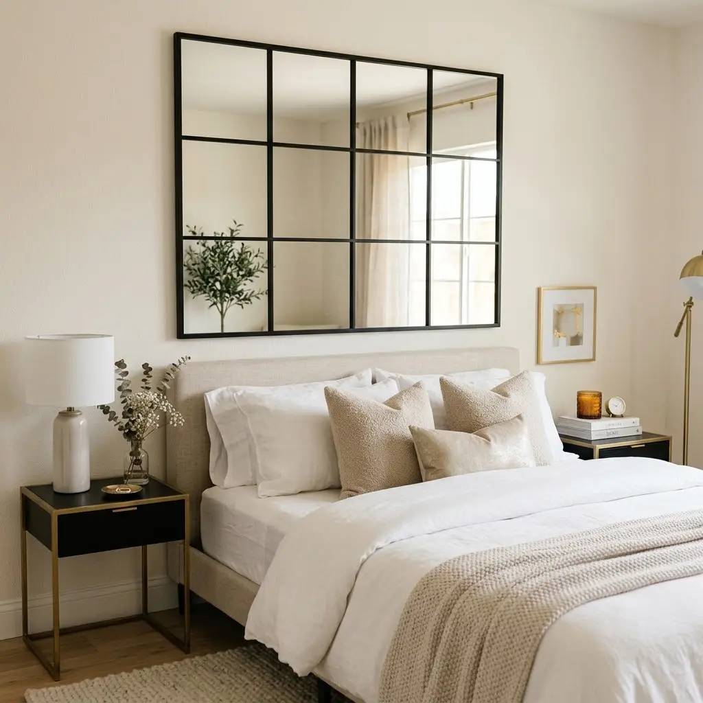 Large horizontal black grid windowpane mirror styled as above bed wall decor.
