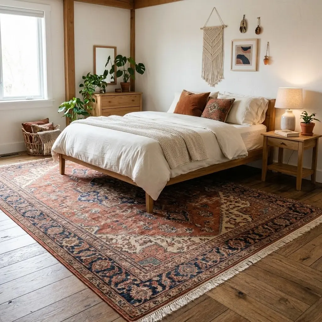 Bohemian style ideas featuring a vintage Persian rug in rust, terracotta, and cream spread across warm wooden flooring.