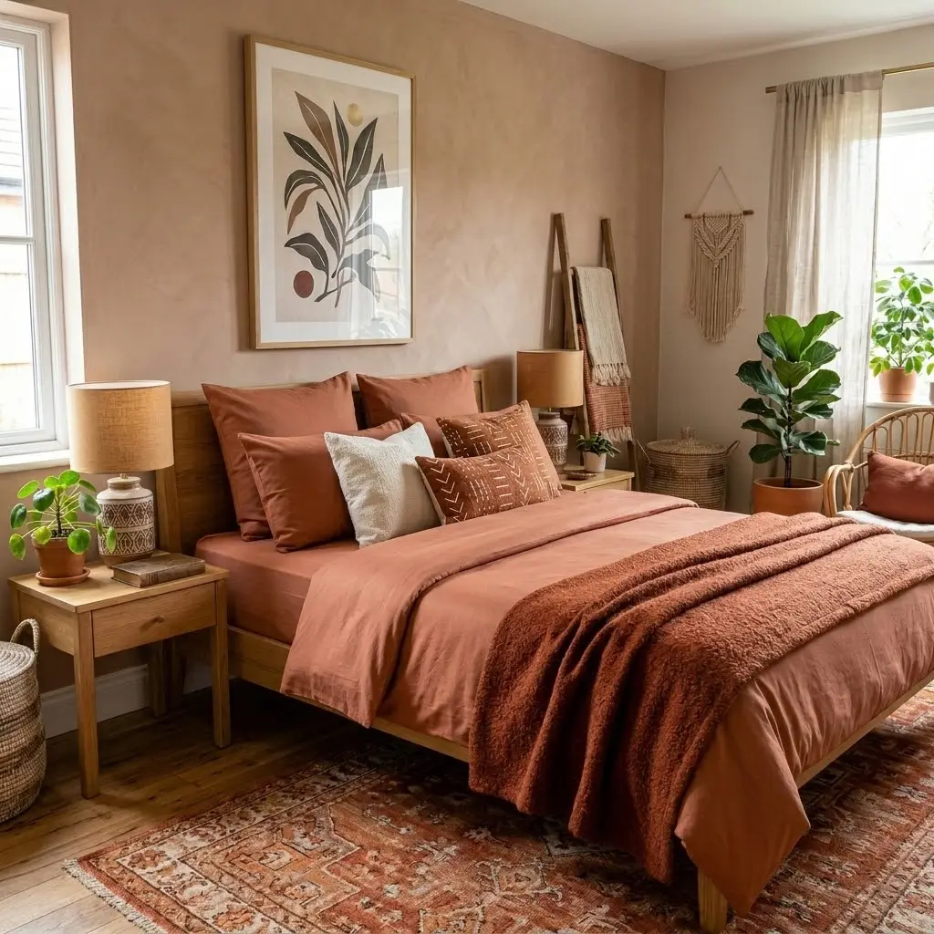 Bohemian style ideas featuring a terracotta accent wall, rust-colored throw, mustard cushion, and natural wood furniture.