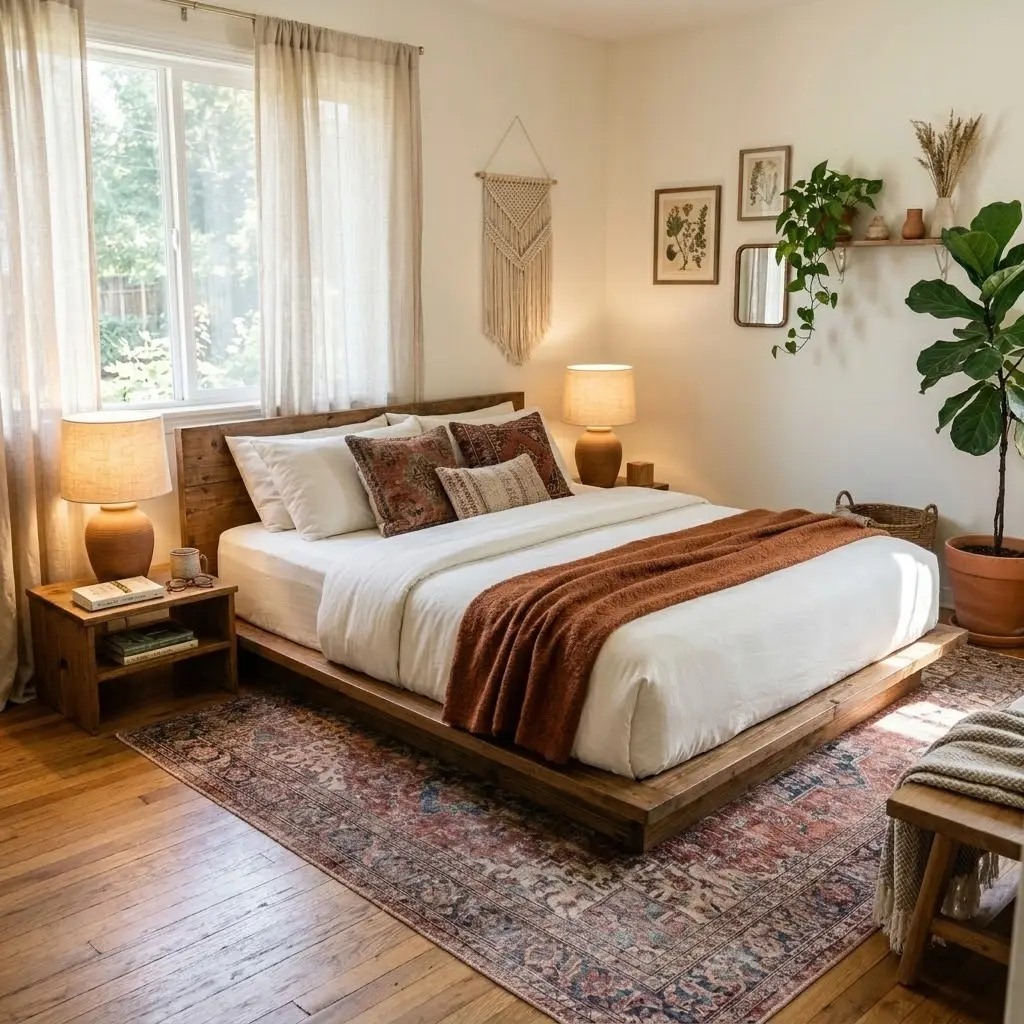 Bohemian styling featuring a low wooden platform bed with relaxed cream bedding and a vintage-style Persian rug.