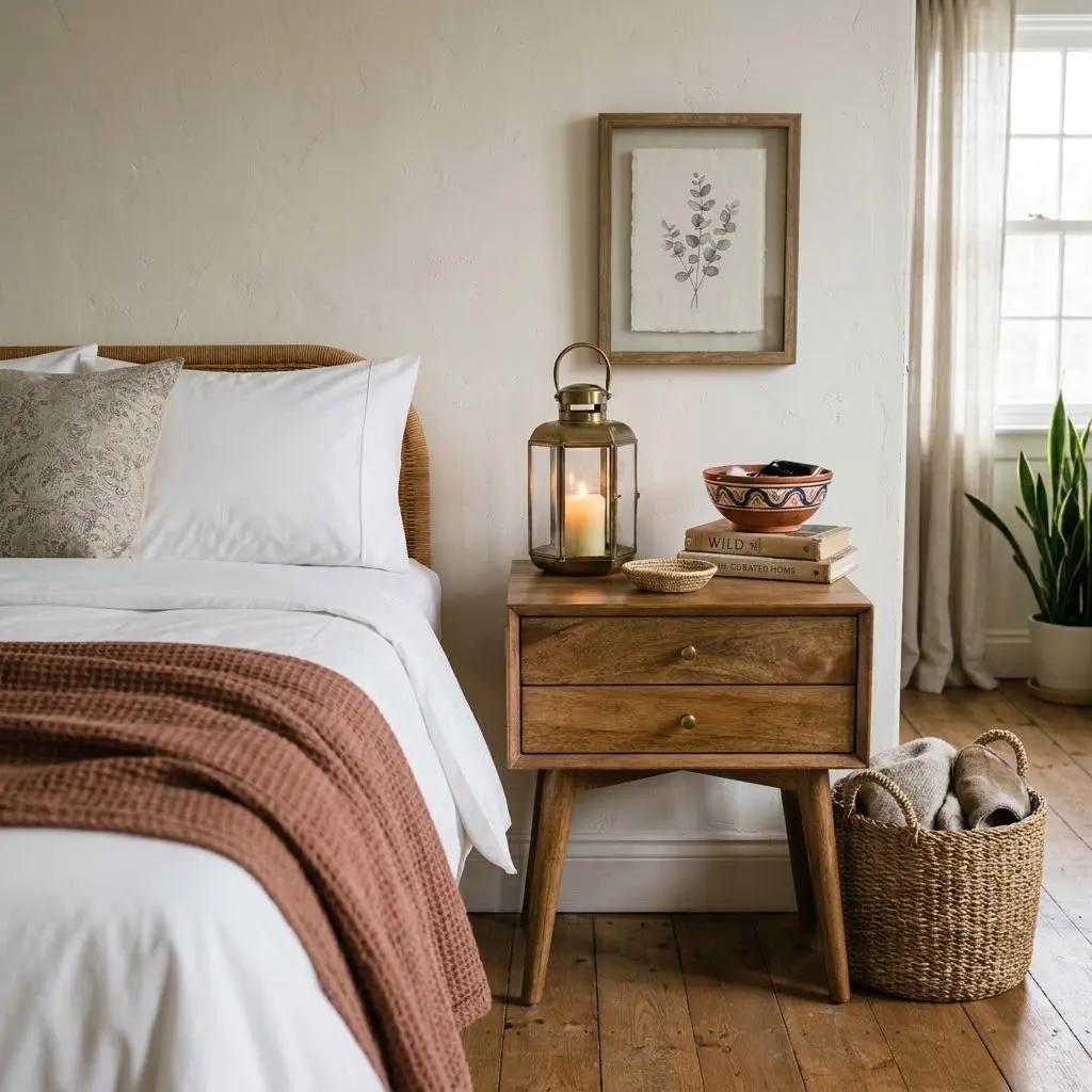 Bohemian decoration featuring vintage-inspired décor, including a brass lantern, handmade ceramic bowl, woven basket, and old books.