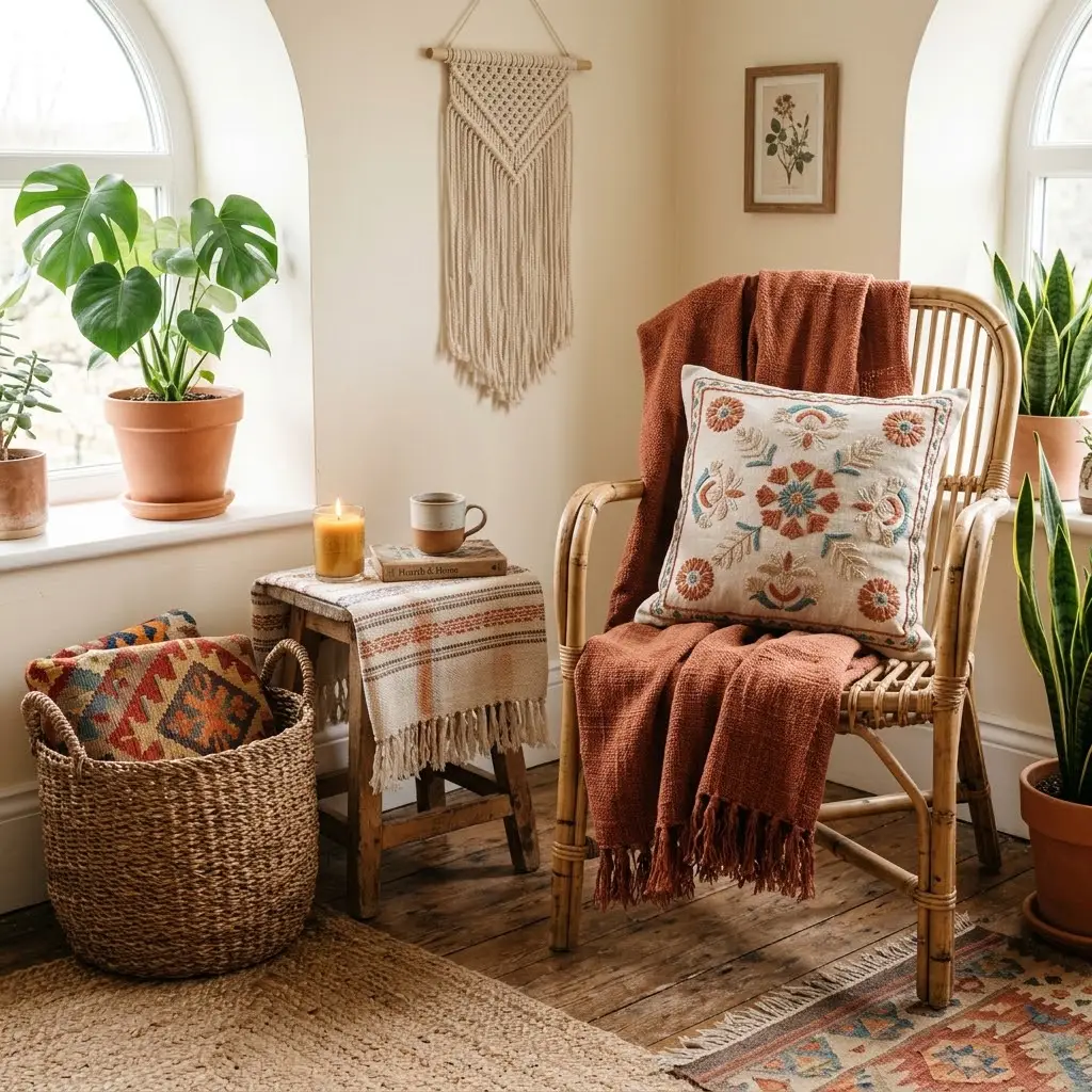 Bohemian decor featuring embroidered cushions, a woven rust throw, and a folded kilim blanket beside a rattan armchair.