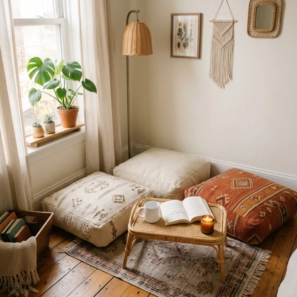 Bohemian bedroom ideas featuring a cozy reading nook with patterned floor cushions, a low rattan table, books, and a floor lamp.