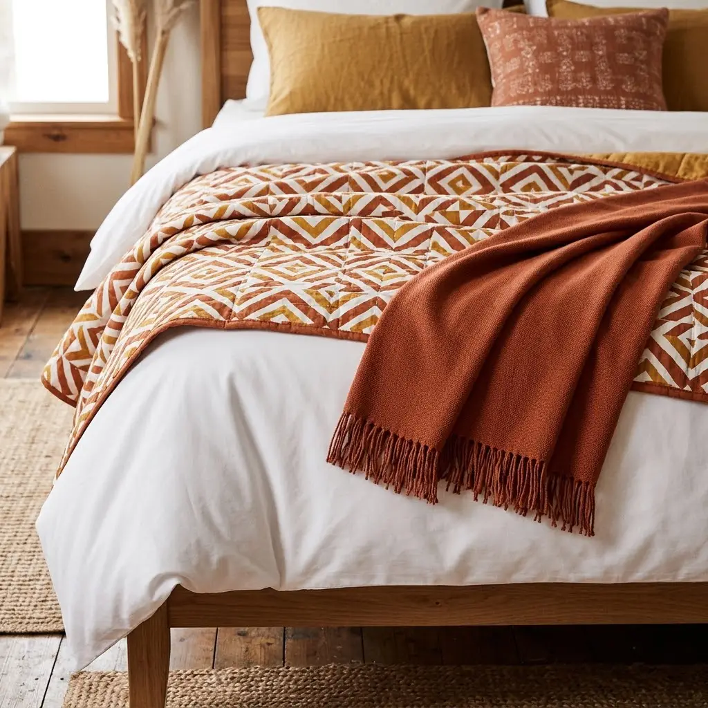Bohemian decoration featuring layered cream linen bedding, a vintage-style quilt, a rust-colored woven throw, and textured fabrics.