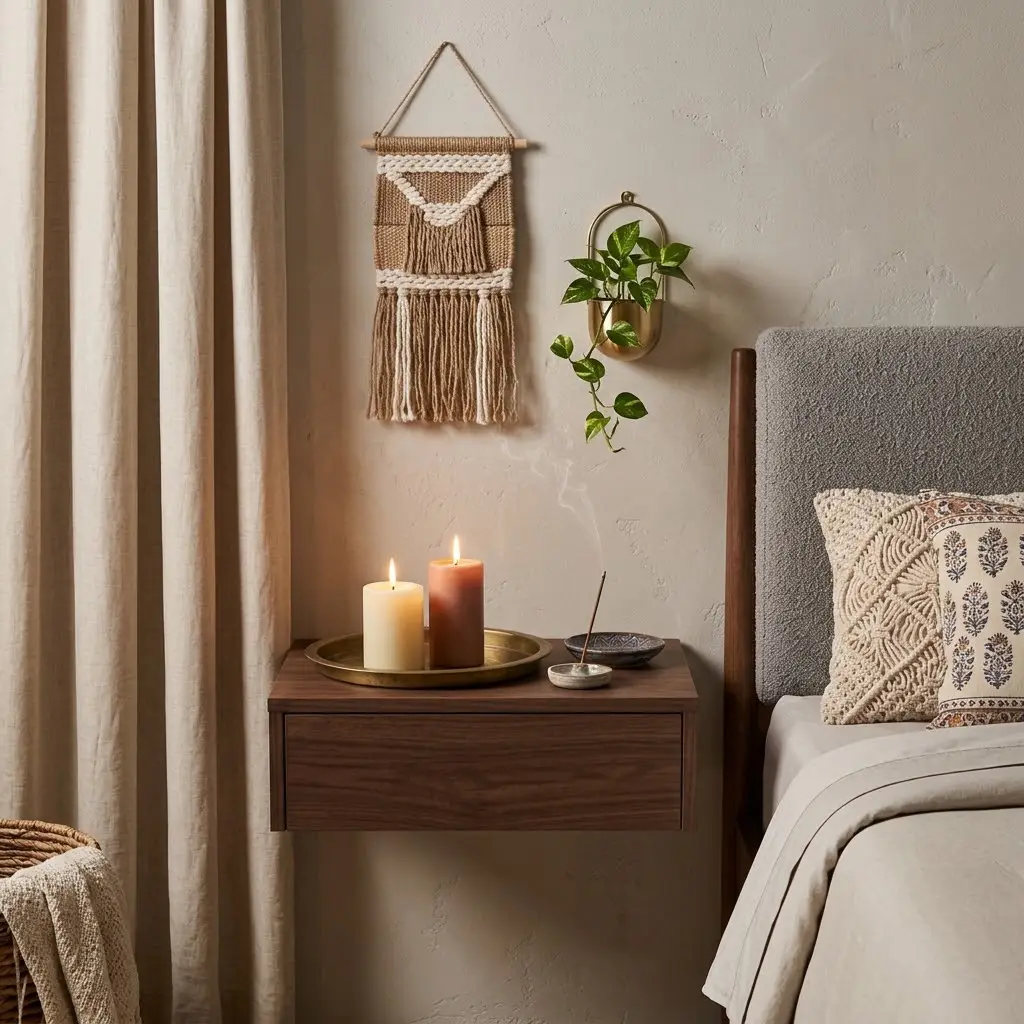 Bohemian decor featuring cream and terracotta pillar candles, a brass tray, and a ceramic incense holder on a wooden bedside table.