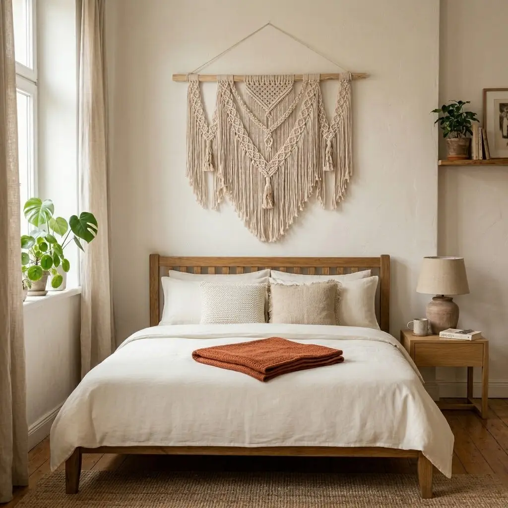 Bohemian bedroom featuring a handmade natural cotton macramé wall hanging behind a bed.