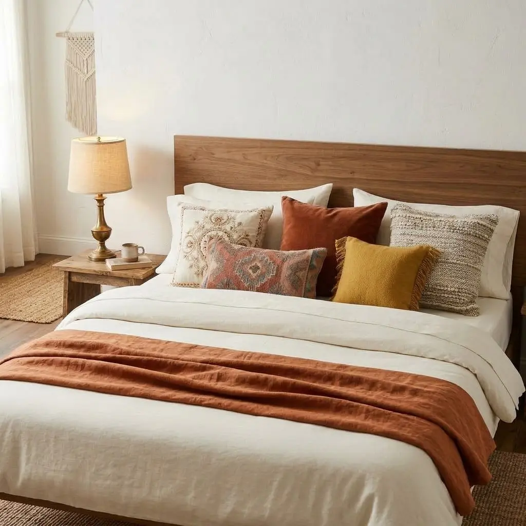 Bohemian bed style featuring embroidered, kilim, velvet, and woven cushions in warm earthy colors on a cozy bed.